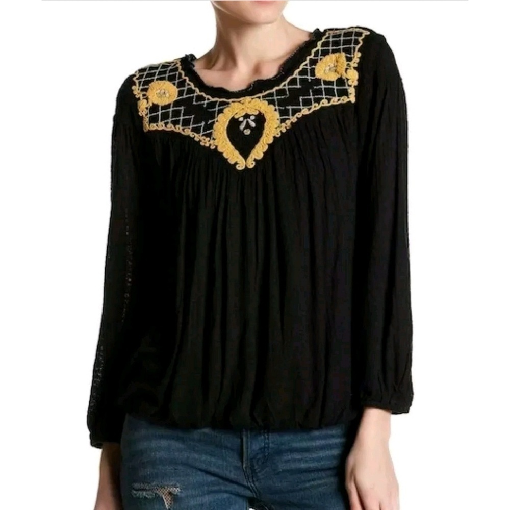 Free People Black Begonia Gauze Peasant Blouse